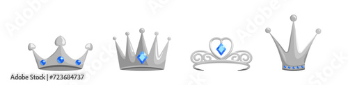 Silver crowns and tiaras set. Blue emerald jewelry for queens and princes with hearts monarchical design and vintage gemstones with royal vector style