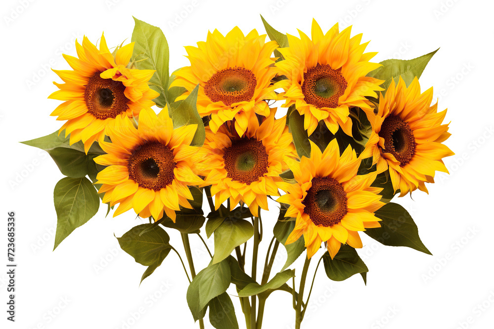 Fototapeta premium Bright yellow sunflowers in full bloom, cut out