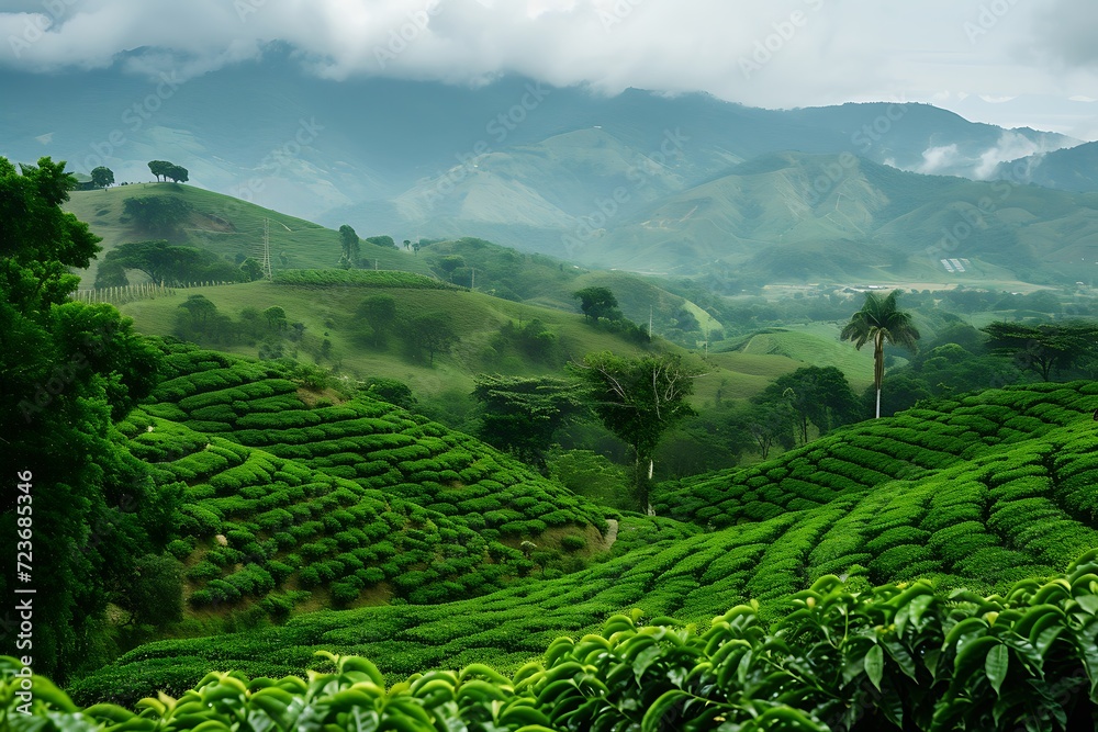 The serene landscape of Colombian coffee plantations with lush green fields and towering mountains.