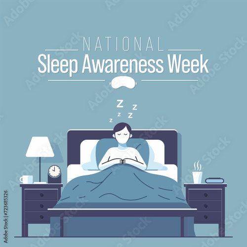 Sleep awareness Week is an annual event celebrated each year in March. This is an opportunity to stop and think about your sleeping habits, consider how much they impact your well-being. Vector art