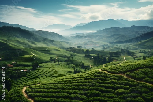The serene landscape of Colombian coffee plantations with lush green fields and towering mountains. © George Designpro