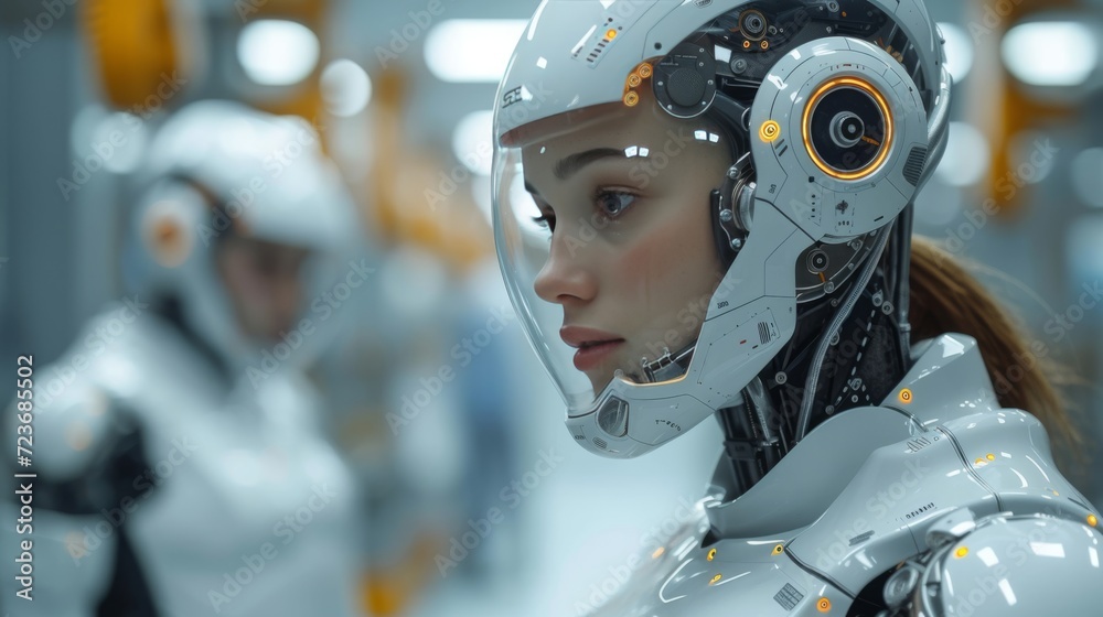 Robot humanoïde féminin avec visage mécanique Robot humanoïde féminin avec visage mécanique