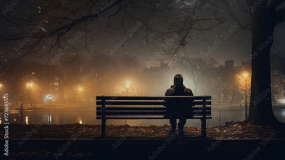 A man sits alone in a public chair in the dark with flickering lights. A man sits alone in a public chair in the dark with flickering lights.