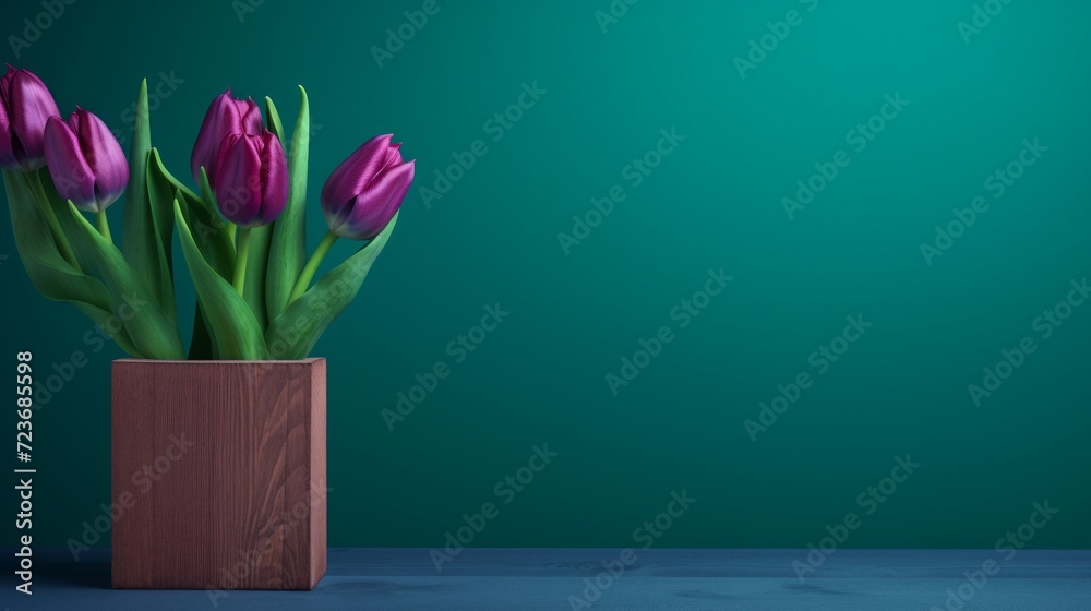 Obraz premium a wooden block with tulips and gift. happy women's day