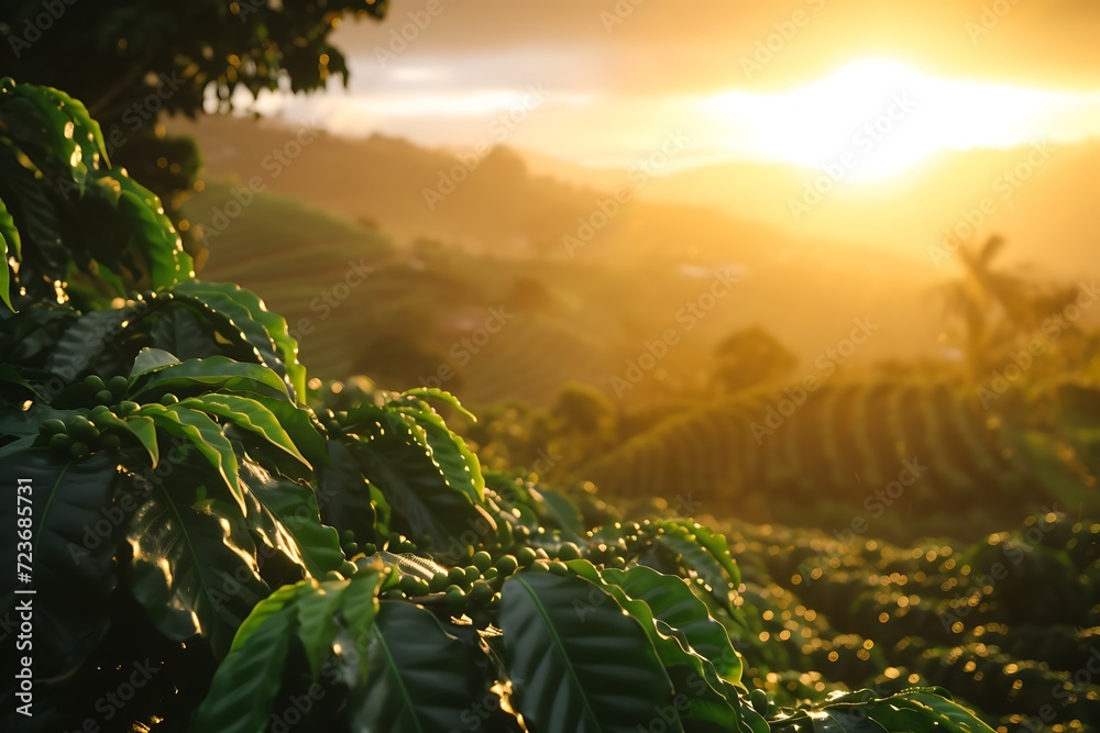 the scenic beauty of Colombian coffee plantations during the flowering season, where coffee trees are covered in white blossoms - obrazy, fototapety, plakaty 