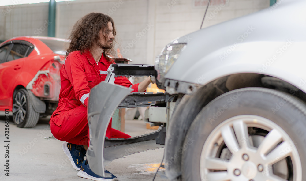 Auto mechanic repairman working on transport body bumper assembly on damaged car at motor repair service station. Technician fixing engine problem vehicle from collision crash accident automotive