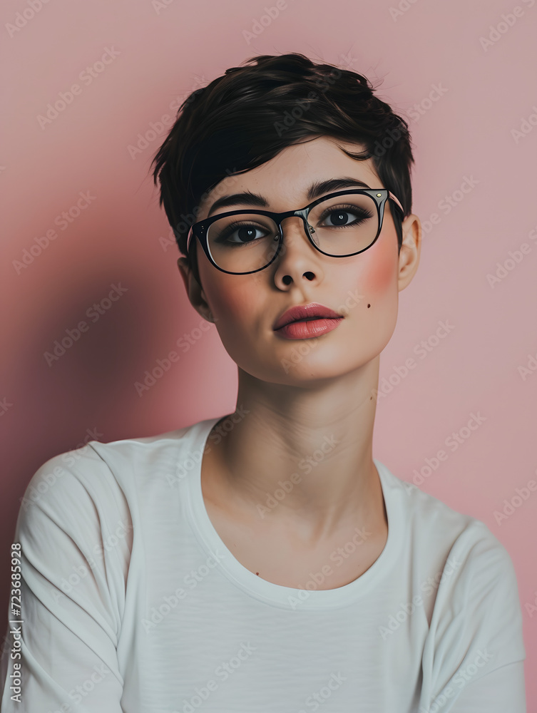 Beautiful woman with short hair and glasses, Generative AI Beautiful woman with short hair and glasses, Generative AI