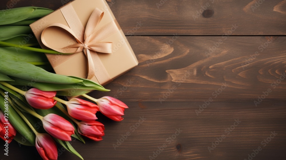 a wooden block with tulips and gift. happy women's day a wooden block with tulips and gift. happy women's day