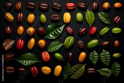 an image showcasing the diverse array of coffee bean varieties cultivated in Colombian plantations, highlighting their unique shapes and colors.