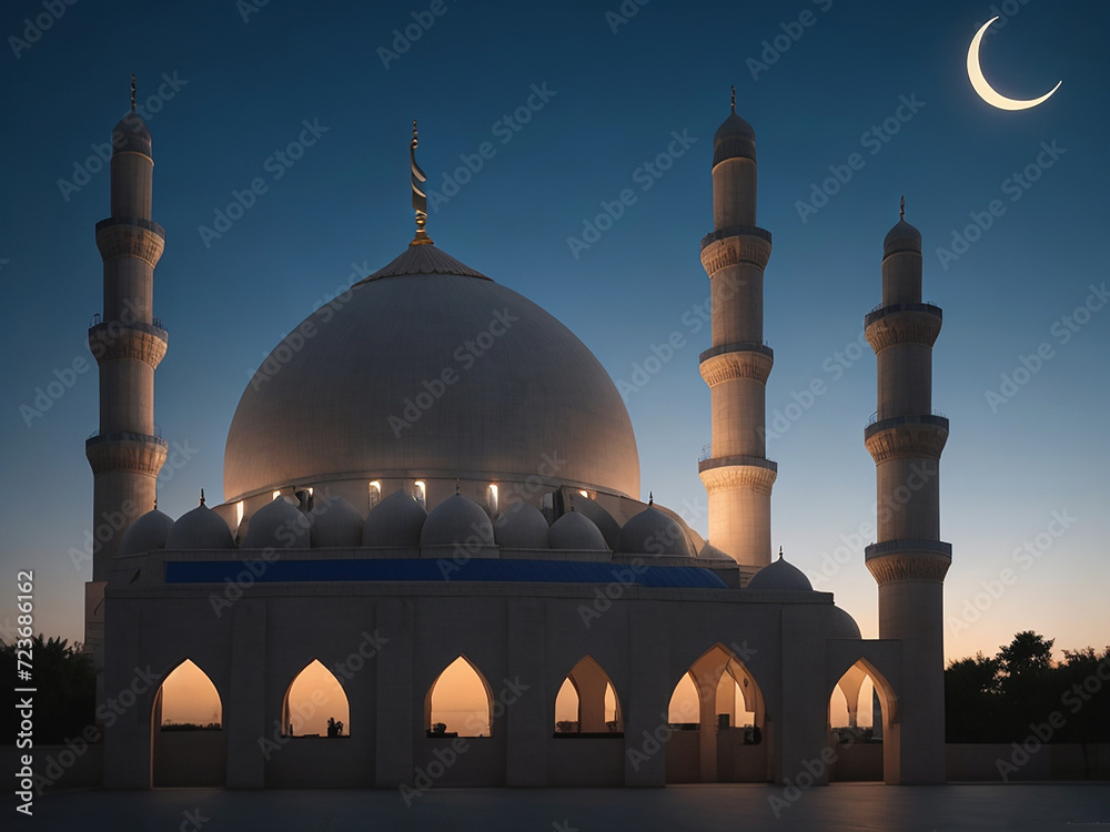 photo a picture of a Muslim mosque with a moon in the Ramadan background generative ai