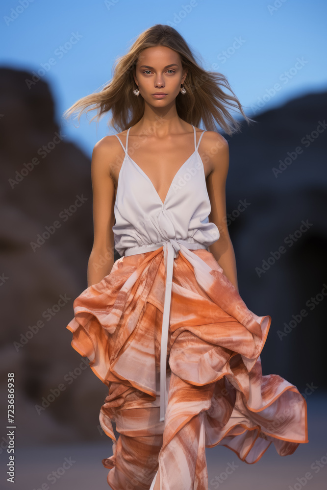 Model walks runway at spring summer collection. Fashion Week Model walks runway at spring summer collection. Fashion Week