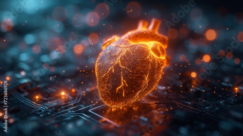 Cœur humain numérique lumineux sur une carte électronique lumineuse