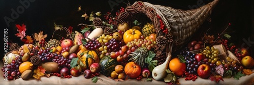 A picturesque cornucopia overflowing with an abundance of seasonal fruits and vegetables photo