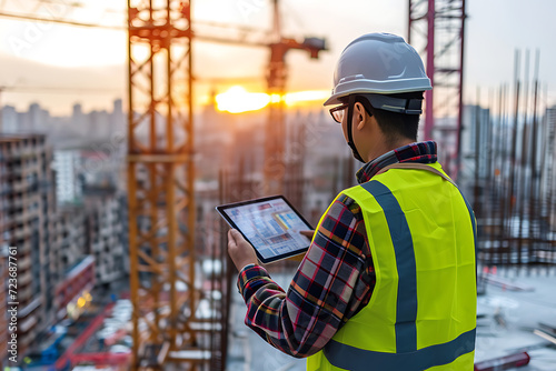 Male engineer checking data on digital tablet and inspecting construction site. Technician in a hardhat doing management and project planning outdoors. Generative AI illustration 