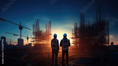 Construction chart graphic background, AI technology in construction industry, engineers working at construction site at sunset, AI generated, copy space for text