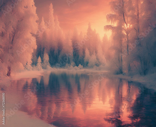 Abstract representation of a forest with orange rays of sunset on a frozen lake