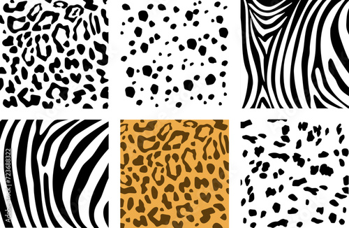 Set of animal skin textures. Dalmatian, leopard and zebra pattern print texture square. Pattern of dalmatian, zebra and leopard spots. Chaotic spots isolated on white.