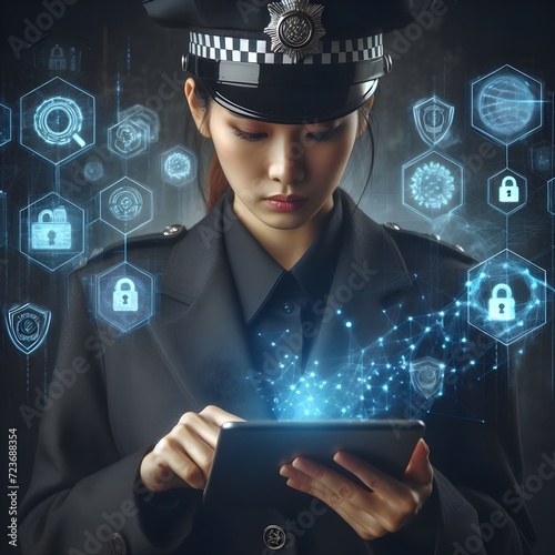 A police officer looking down at a smart tablet  with holographic cybersecurity symbols icons, cybersecurity concept