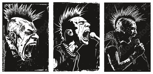 Punk s Not Dead. Screaming punk with mohawk hair isolated on black background. grunge linocut style illustration