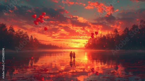 Romantic Sunset Walk: A Valentine's Day Celebration Generative AI