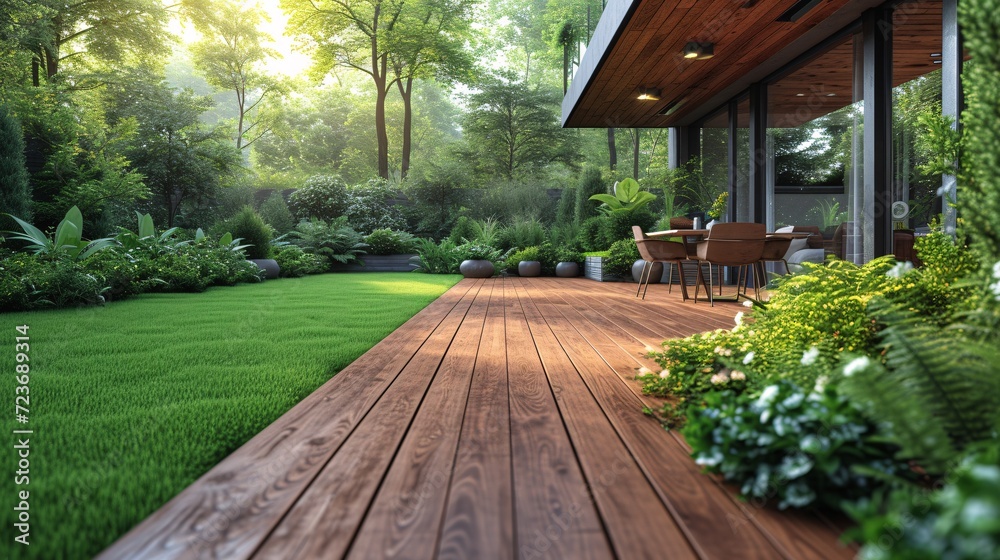 A Wooden Patio with a Modern Touch: A Perfect Spot for a Monthly Garden Party Generative AI