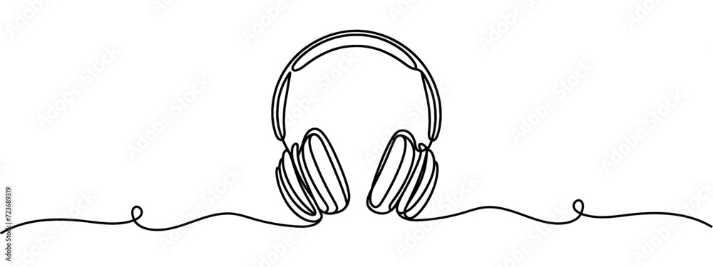 One line headphones. Hand drawn vector illustration. Continuous line drawing of headphones music musical sound wave. Wireless headphones with music and technology symbols