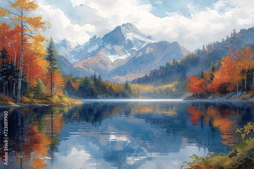 Autumn s Reflection  A Mountainous Lake Scene Generative AI
