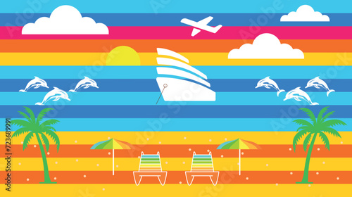 Vector travel illustration, travel and holiday agency, sea and beach on the background of a cruise ship at sunset