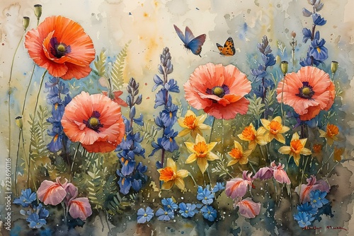 Flower Power: A Vibrant Display of Poppies and Butterflies Generative AI