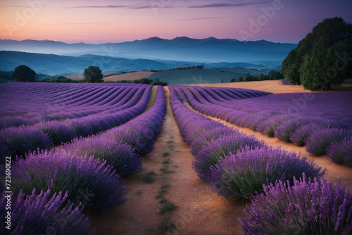 Lavender field at dusk  endless rows of purple flowers into the violet dusk and blue mountains in the distance