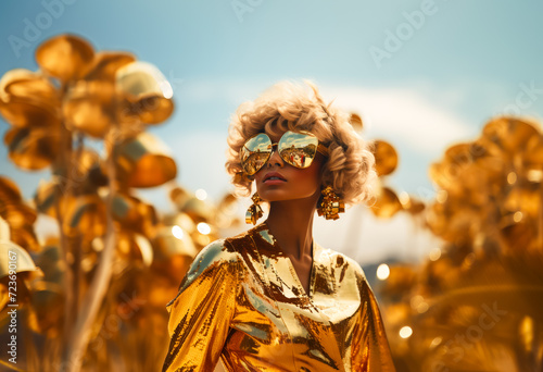 Fashion cover young beautiful woman in golden outfit in sunglasses