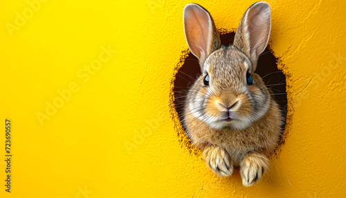 Cartoon cute bunny looking out of a cut hole bright yellow background. illustration. Spring holiday and Easter background. Copy space Happy Easter