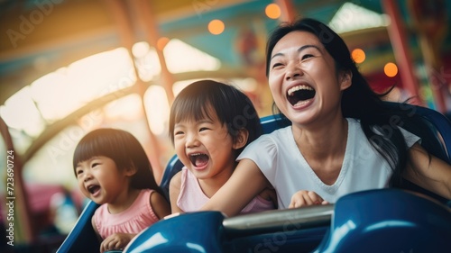 Joyful mother and children laughing on amusement park ride.