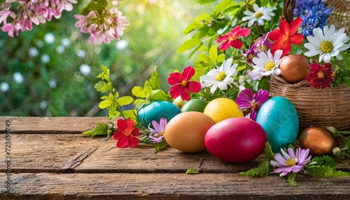 Uova colorate, su un tavolo in legno con fiori  photo