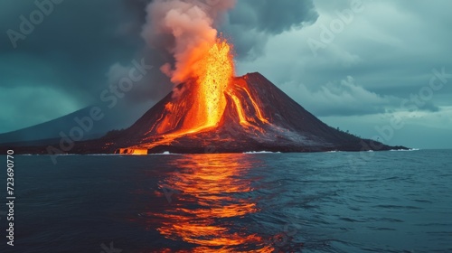 Lava Flows on active volcano on island in sea,