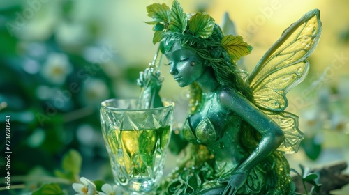 A green fairy, a symbol of absinthe's allure, flutters gracefully, her iridescent wings illuminating the drink's mysterious, verdant depths