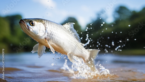 One fish jumps out of the water. Fishing concept. Fishing trophy. 