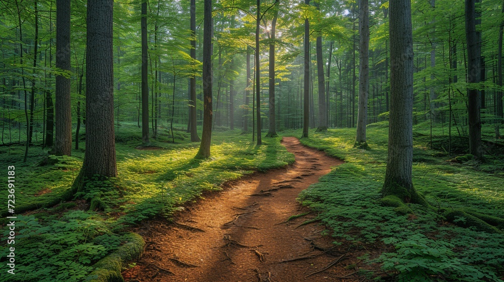 Fototapeta premium A serene forest path on a sunny day Generative AI