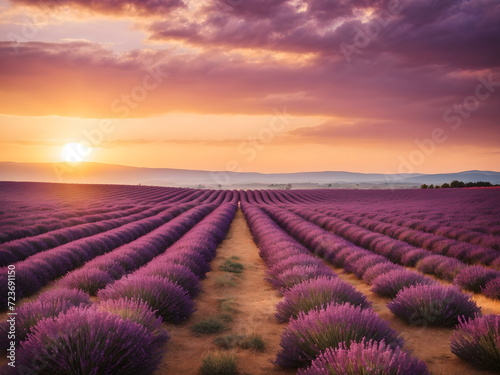 Lavender field at sunset, majestic cloudscape and countryside tranquillity