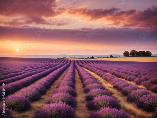 Lavender field at sunset, majestic cloudscape and countryside tranquillity