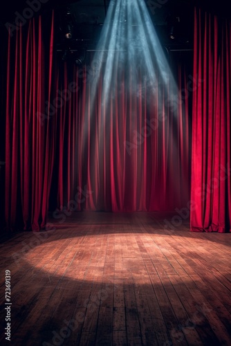 Red Curtains and Spotlight on Stage