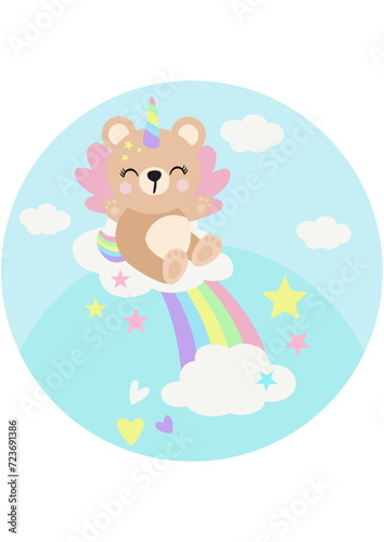 Round illustration with unicorn teddy bear on rainbow with clouds
