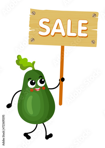 Funny green avocado mascot holding a wooden sign with sale inscription