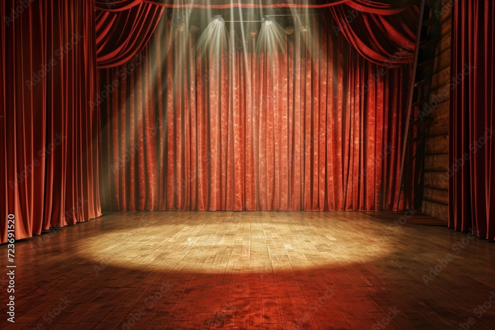 Empty Stage With Red Curtain and Spotlight - obrazy, fototapety, plakaty 