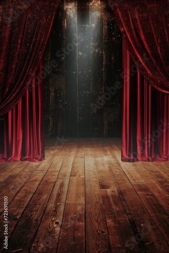 Empty Stage With Red Curtain and Spotlight