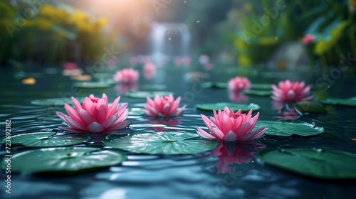 Pink Lotus Blossoms in a Blue Lagoon  A Serene and Refreshing Scene for Your Monthly Calendar Generative AI