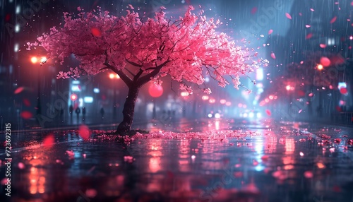 Pink Blossoms in the Rain: A Magical Night in April Generative AI