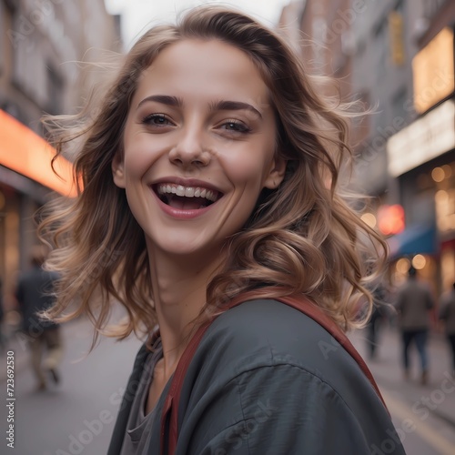 Portrait of a smiling woman filled with joy on the street, 8k