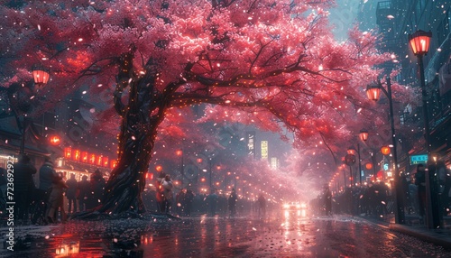 Pink Blossoms in the Rain: A Magical Night in Tokyo Generative AI