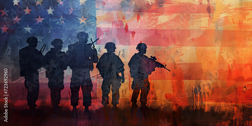 Defenders of Democracy: A Resolute Display of American Soldiers Protecting Democratic Values, Set Against an Abstract Background to Symbolize the Strength and Commitment of Those Upholding the Nation